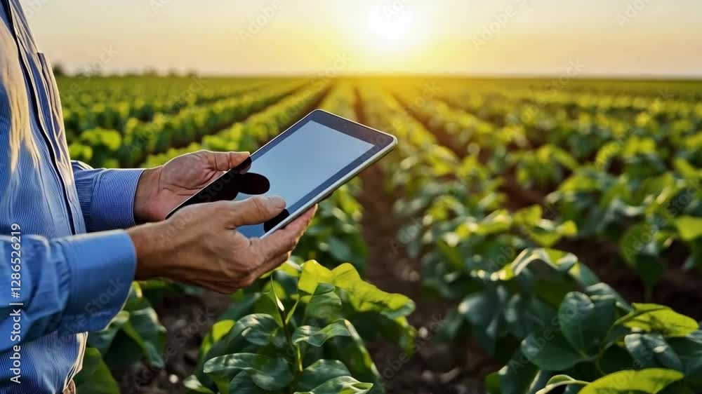 Aufkleber exploring modern agriculture technology person using tablet in lush green field at sunset, highlight