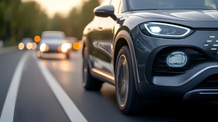 Fototapeta premium Futuristic cyber road scene featuring AI controlled traffic holographic lane indicators and smart navigation overlays