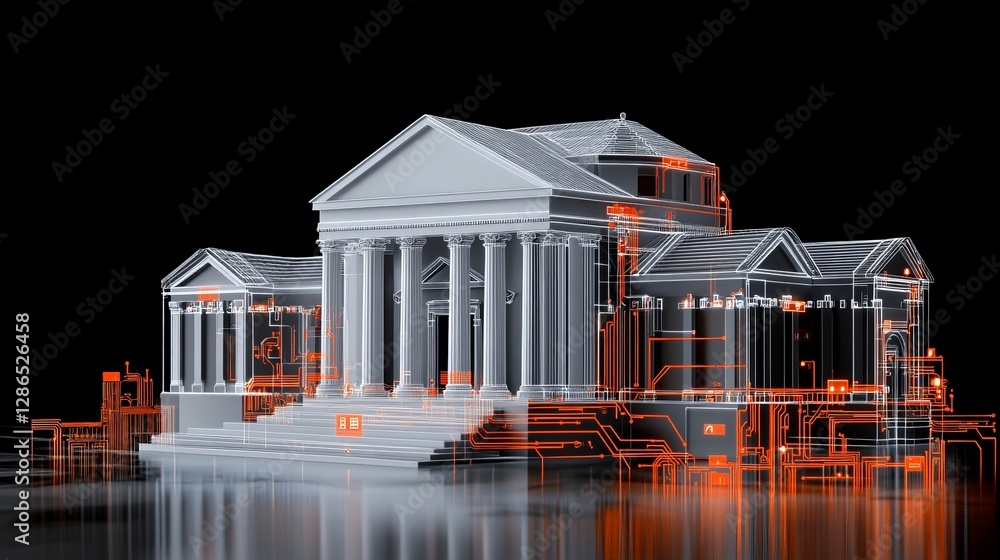 Poster futuristic architectural structure with digital overlay design