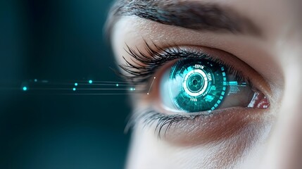 Futuristic digital eye chart with augmented reality overlays showcasing next level vision testing technology in a cybernetic tone  The black and white image depicts a top down view of a high tech