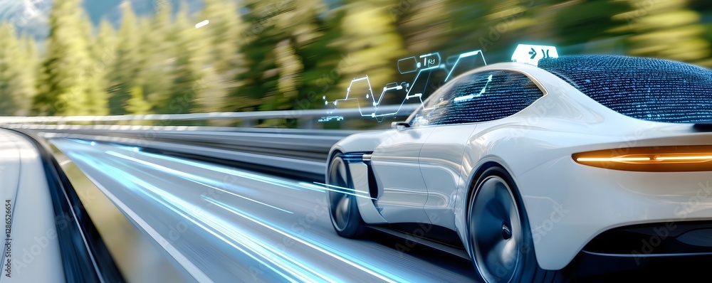 Poster futuristic high speed digital twin sports car cutting through a holographic projection of an advance