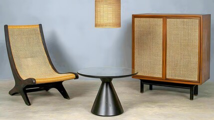 Modern Artistic Furniture Arrangement Featuring Chic Chair, Stylish Table, and Unique Cabinet
