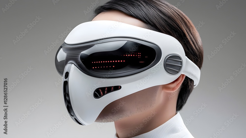 Poster futuristic interactive smart mask with voice controlled air intake regulation system symbolizing inn