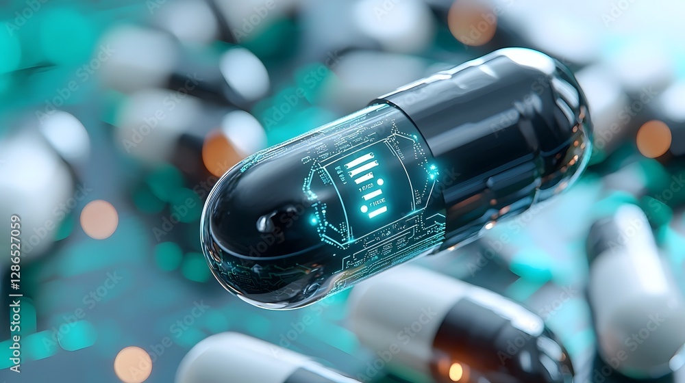 Poster futuristic microchip embedded medicine capsules showcasing real time health monitoring capabilities 