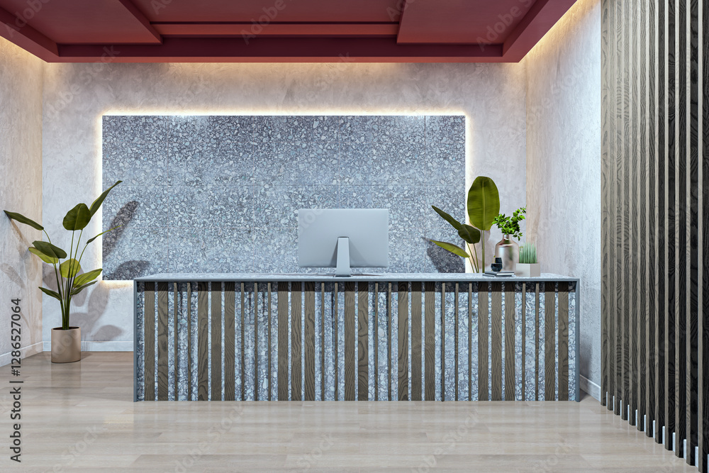Poster modern reception area with textured stone and wood desk. 3d rendering