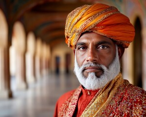 Fototapeta premium Elderly man in traditional orange turban and richly embroidered attire standing in historical corridor dignified presence deep cultural heritage high resolution portrait