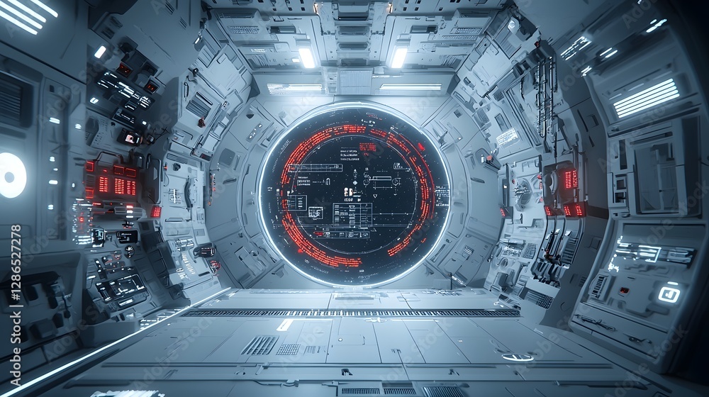 Poster futuristic spaceship cockpit with a transparent holographic dashboard displaying real time navigatio