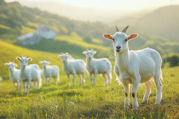 A group of healthy white goats grazes peacefully on a green pasture in the early morning light. The scene is tranquil, with rolling hills and a clean farm in the background.