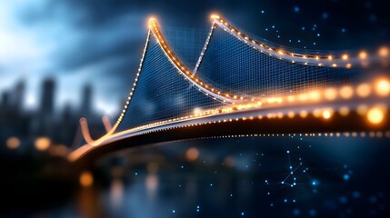 Fototapeta premium Futuristic wireframe bridge with a glowing holographic blueprint neon lighting