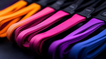 sports equipment gear functionality Vibrant colored straps arranged in a row on a dark background.