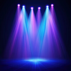 vibrant stage illuminated by blue and purple spotlights creates dynamic and colorful atmosphere. beams of light converge on floor, enhancing dramatic effect
