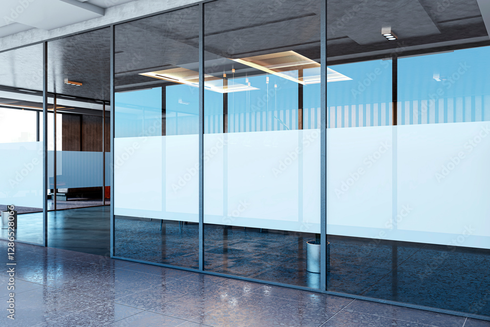 Poster modern office interior with glass partitions and frosted panels. 3d rendering