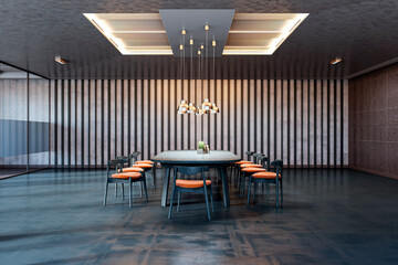 Modern boardroom with sleek furniture and warm lighting. 3D Rendering