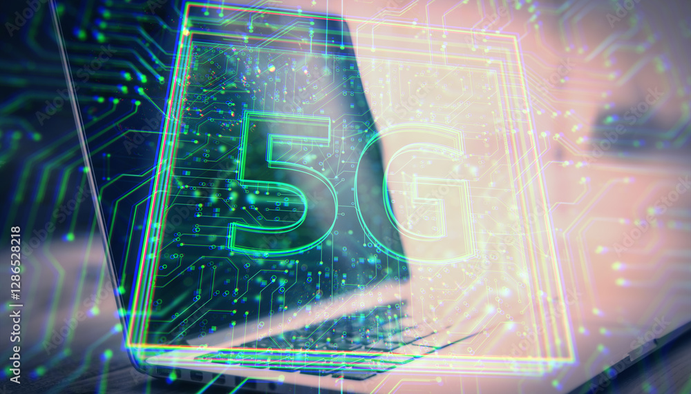 Poster digital 5g hologram overlaying a laptop, symbolizing high-speed internet and modern wireless technol