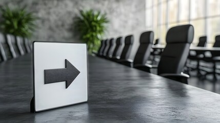 Modern Conference Room with Arrow Signage Indicating Direction Towards Meeting Area