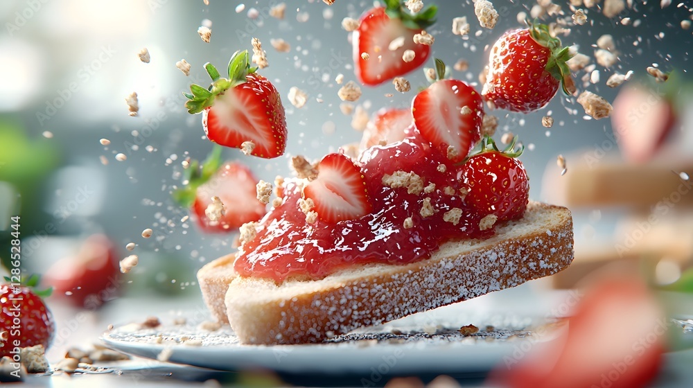 Poster holographic strawberry jam levitating and spreading itself onto a slice of virtual toast in a futuri