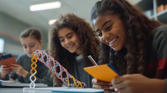 Teen girls in science class, focused on DNA models, collaborate in educational activities, smiling and engaged, showcasing diverse backgrounds in STEM fields.