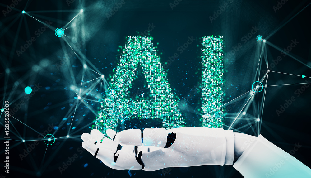 Poster Futuristic robotic hand presenting AI text made of glowing data particles. 3D Rendering
