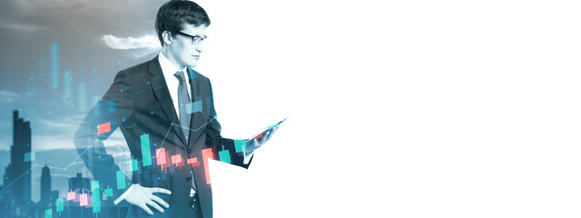 Businessman analyzing financial data with tablet in hand.