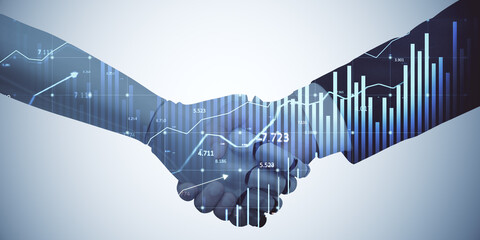 Business handshake with financial chart overlay on light background.