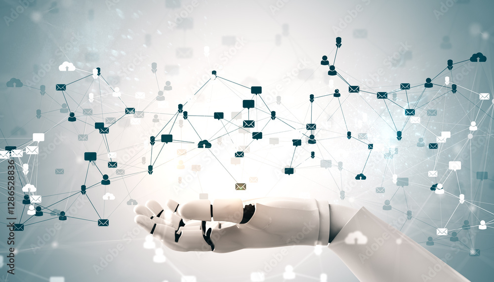 Aufkleber futuristic robotic hand displaying interconnected social network icons on a light background.