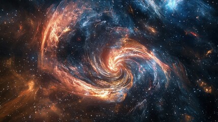 A quantum explosion inside a nebula distorts time and space, bending stars into spiraling formations