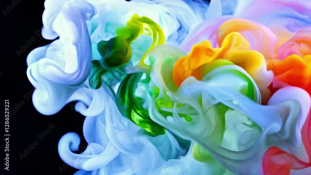 Poster bright colors intertwine and flow together in captivating patterns against a dark background. this s