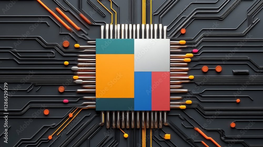 Poster colorful microchip on circuit board with abstract connections