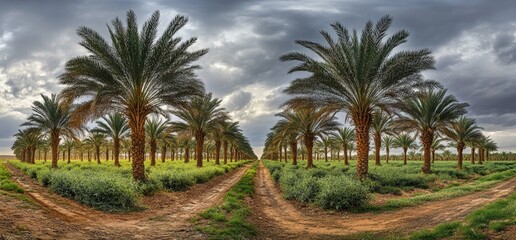 Obraz premium Date Palm Grove, Dirt Road, Cloudy Sky