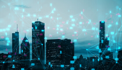 Digital social network connections over modern city skyline at dusk.