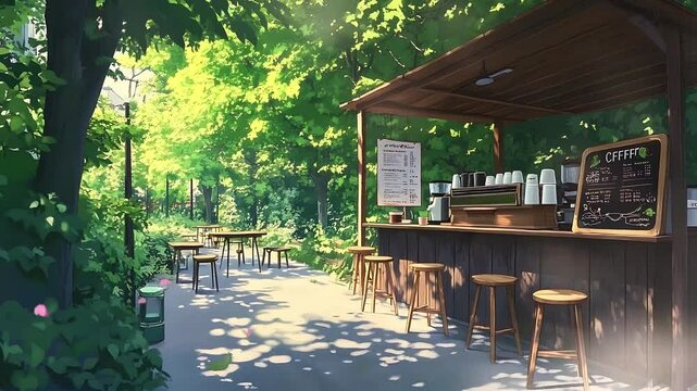 Outdoor Cafe in a Park. Suitable for acoustic, indie folk, or jazz music. Seamless looping time lapse animation video background, lo-fi art.