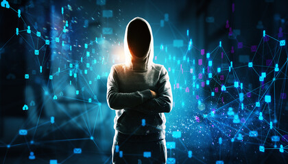 Anonymous hacker in hoodie standing with arms crossed against digital social network background.