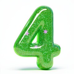 Number 4 made of neon green slime with iridescent star-shaped glitter floating inside isolated on a clean white background