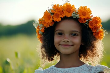 Happy summertime symbol. Happy mixed-race child girl wearing orange flower circlet on her head. Morning rays. Floral wreath on a girlâ€™s head. Beautiful summer childhood. Happy child in summer.