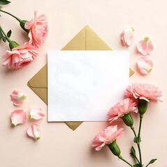 Flat lay of a clean white paper sheet with pink carnations on pink background top view close-up. Mothers day mockup design of greeting card, textured paper