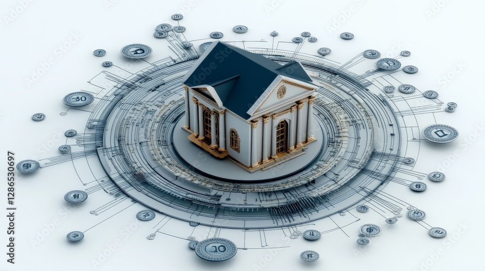 Aufkleber 3d model of house surrounded by digital elements and data circles