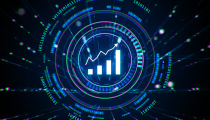Obraz premium Futuristic financial growth chart with digital elements on a neon blue and black background. 3D Rendering