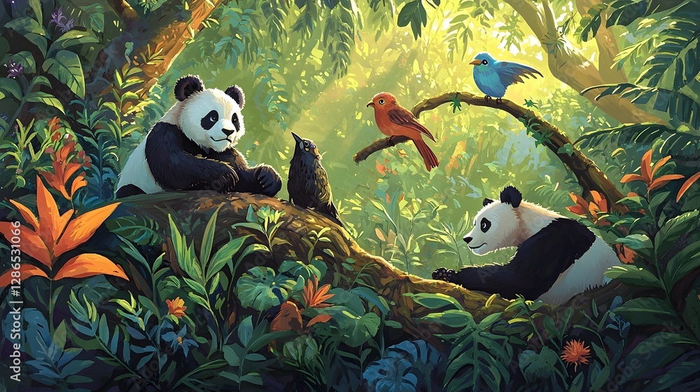Poster serene rainforest filled with a vibrant array of animals such as pandas birds and other wildlife fra