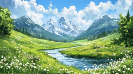 Idyllic Mountain Landscape with Flowing Stream and Wildflowers