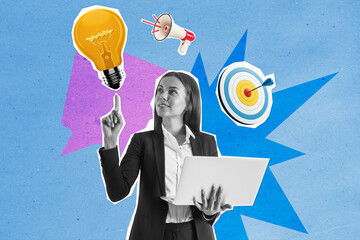 Businesswoman with laptop pointing at lightbulb, symbolizing idea and innovation. Collage-style...