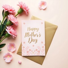 Flat lay of a clean white paper sheet with pink carnations on pink background top view close-up. Mothers day mockup design of greeting card, textured paper