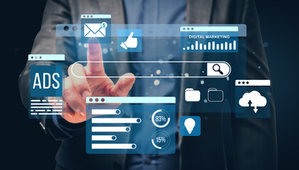 Digital marketing and advertising concept with businessman interacting with a holographic interface.