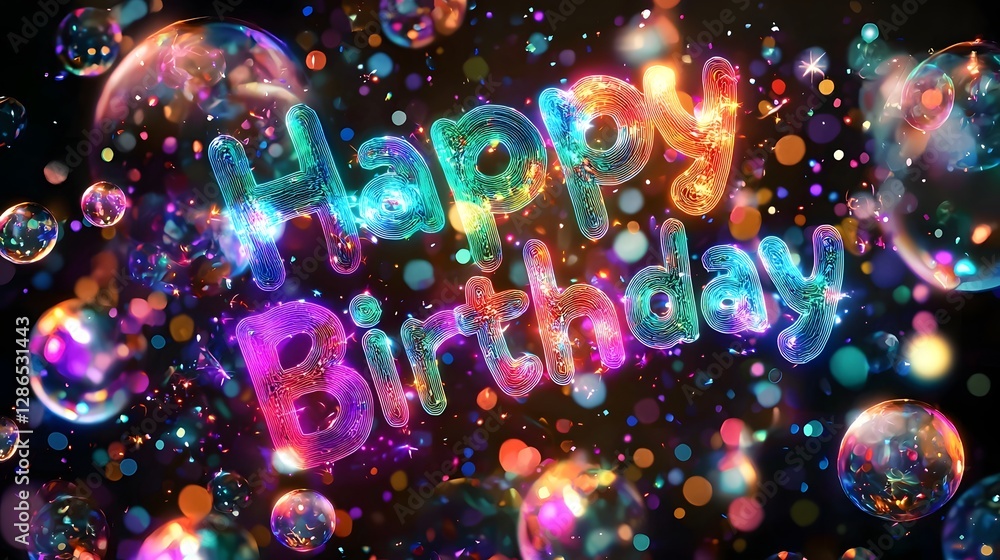 Poster striking holographic birthday card design with shimmering color changing happy birthday text that ap