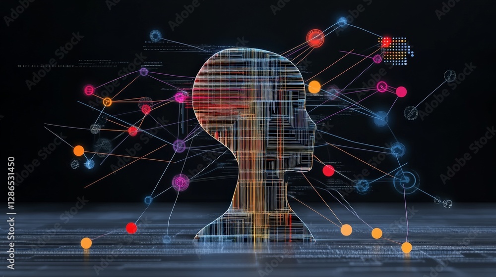 Poster abstract human profile with digital connections and data visualizations