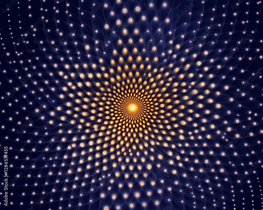 Poster hypnotic radial pattern of glowing golden dots forming geometric vortex on deep blue background crea