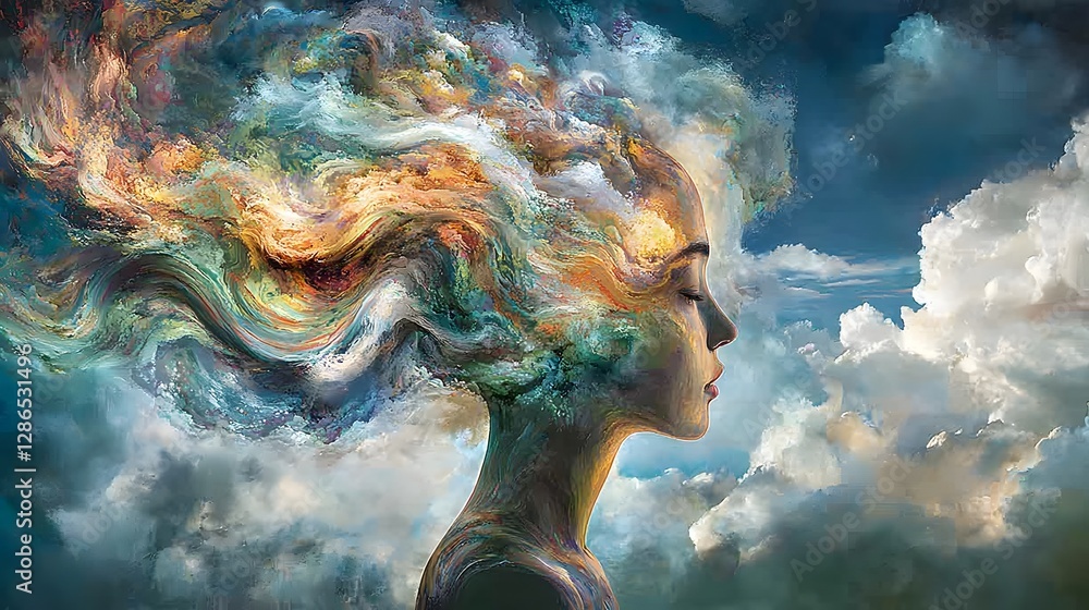 Poster surreal and imaginative portrait depicting the complex mental and emotional dynamics associated with