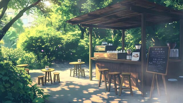Outdoor Cafe in a Park. Suitable for acoustic, indie folk, or jazz music. Seamless looping time lapse animation video background, lo-fi art.