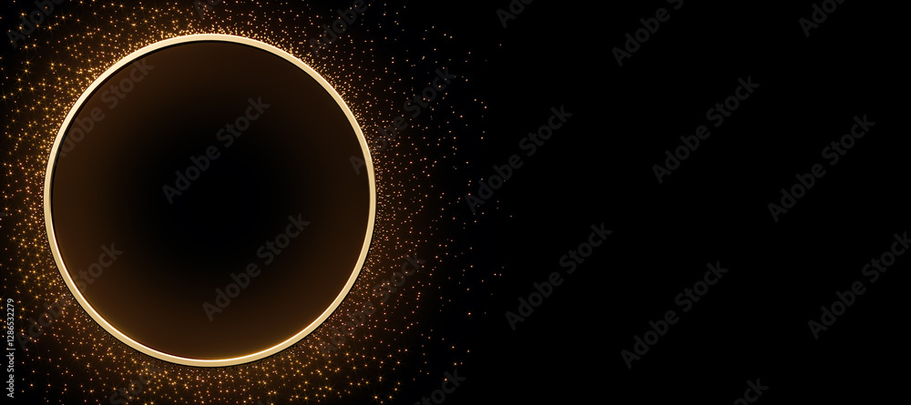 Poster luxury golden circular frame with glowing particles on black background. 3d rendering