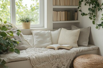 Cozy Reading Nook with Natural Light and Plush Textiles in a Serene Indoor Setting