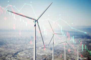 Wind turbines with financial stock market graphs overlayed.